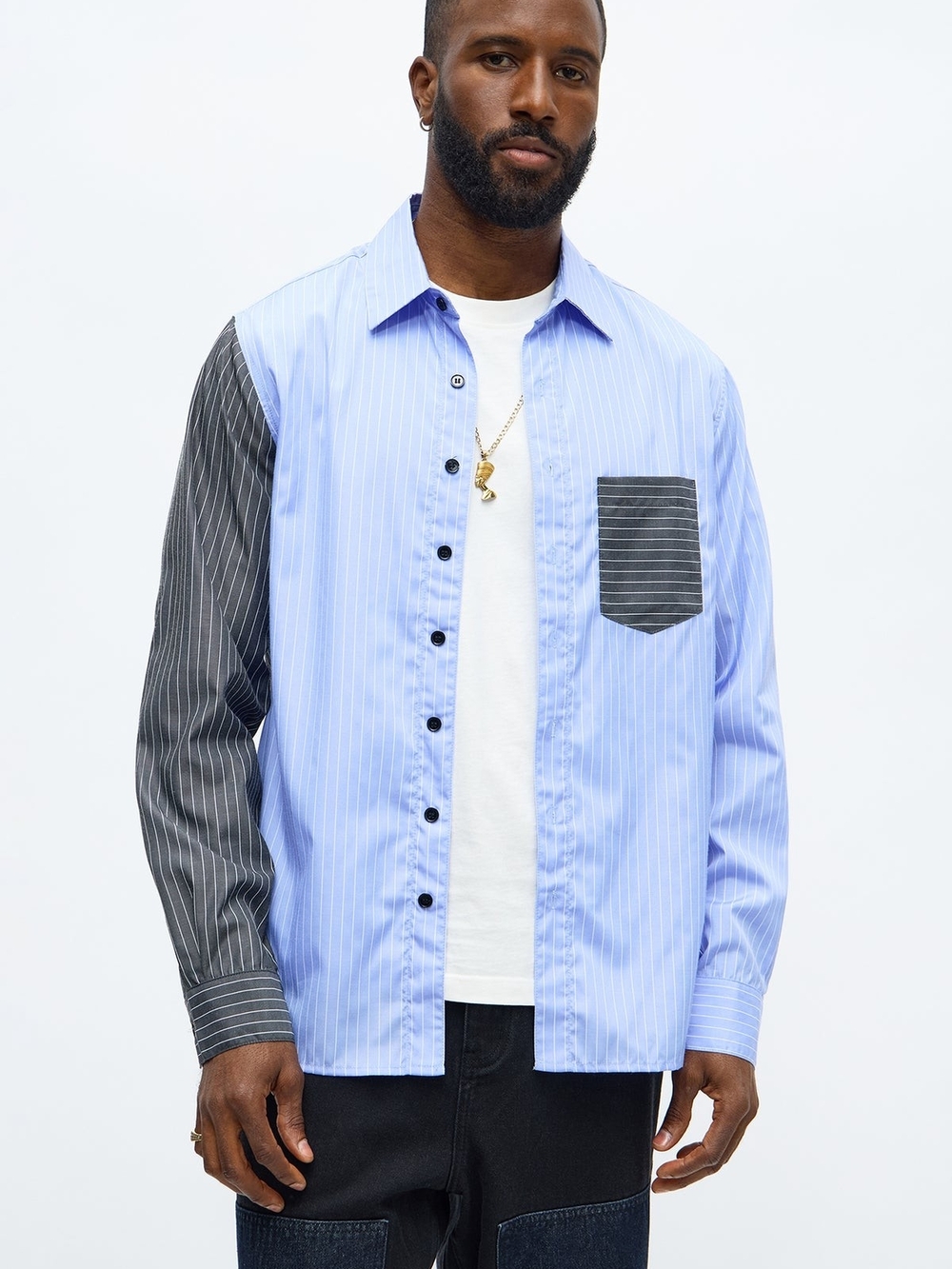 MNML Blue Pinstripe Button-Down Shirt with Black Striped Accents